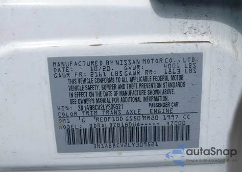 2020 Nissan Sentra Sv Xtronic Cvt z USA, uszkodzony, nr VIN 3N1AB8CV2LY309521